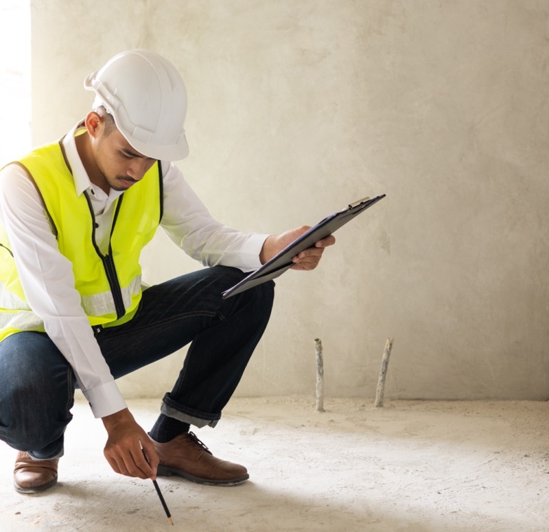Inspector checking a concrete floor with a clipboard
